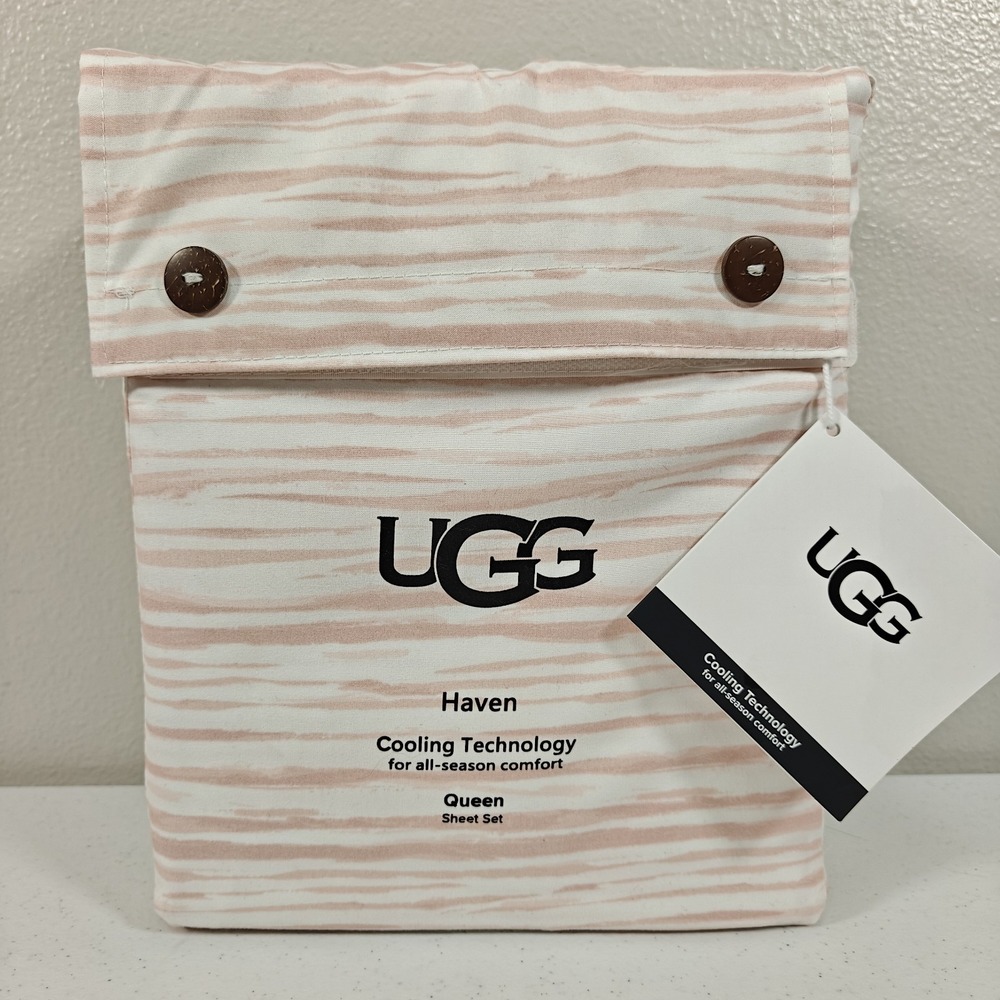 UGG Haven Cooling Queen Sheet Set 4pc Shell Pink Stripe Deep Pocket NWT
